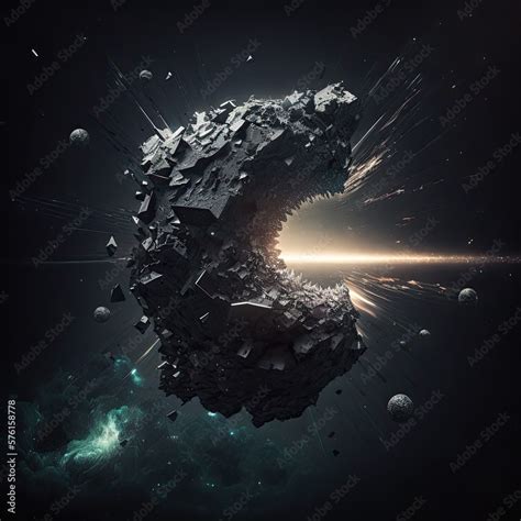 Floating asteroid in the deep space with intense light behind ...