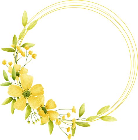 Circle frame yellow flower floral watercolor with gold circle. 11306386 PNG