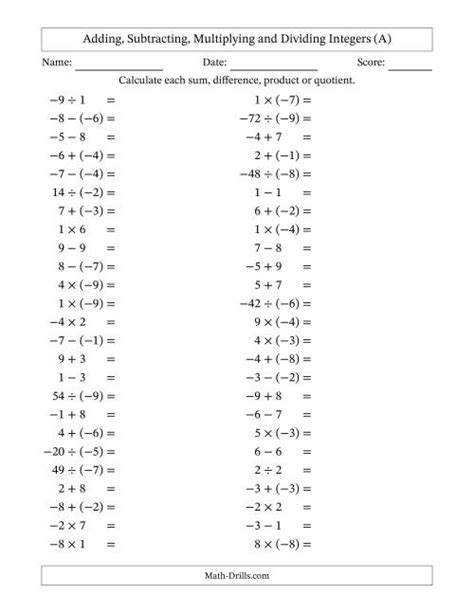 All Operations with Integers (Range -9 to 9) with Negative Integers in Parentheses (A)