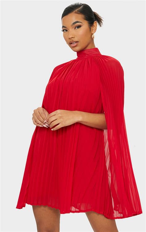 Red Pleated Cape High Neck Shift Dress | PrettyLittleThing IRE