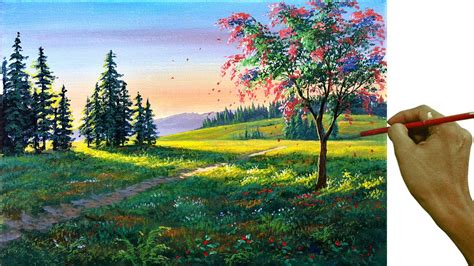 Acrylic Landscape Painting in Time-lapse / Pink Flowering Tree in ...