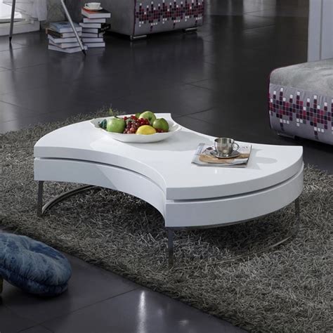 Luxury Modern White / White & Black Round Swivel Coffee Table with Storage & Stainless Steel ...