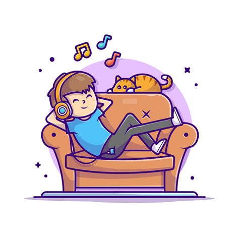 Happy Boy Listening Music On Sofa with Cute Cat, Tune, and Notes of ...