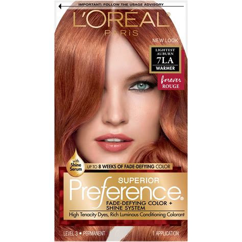 L'Oreal Paris Superior Preference Fade-Defying Shine Permanent Hair Color, 7LA Lightest Auburn ...