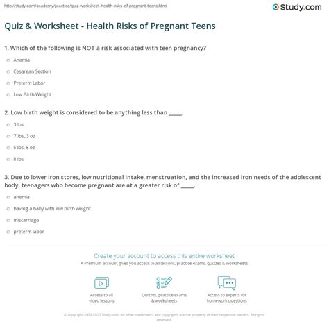 Quiz & Worksheet - Health Risks of Pregnant Teens | Study.com