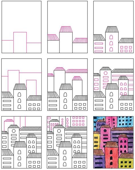 Easy How to Draw Overlapping Buildings Tutorial and Buildings Coloring Page | Art lessons ...