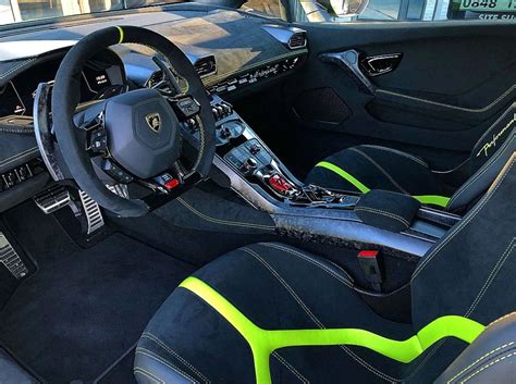 Interior of the Lamborghini Huracan Performante painted in Verde Scandal w/ Tricolore stripes ...