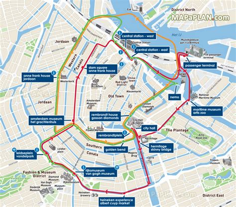 Amsterdam map - Canal Bus canal cruises with Red, Orange & Green lines