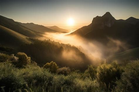 Premium AI Image | Misty sunrise over misty mountains with the sun peeking through created with ...