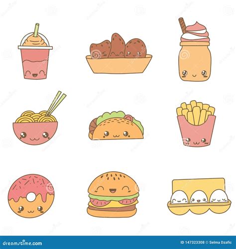 Set of Cute Food Doodles. Kawaii Food Icon Doodles. Cute Muffin, Hamburger, French Fries ...