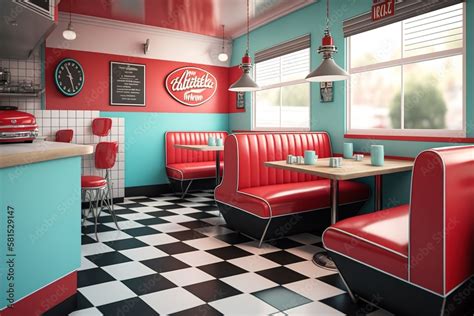 Retro cafe, american diner interior with tables. AI Stock Illustration ...