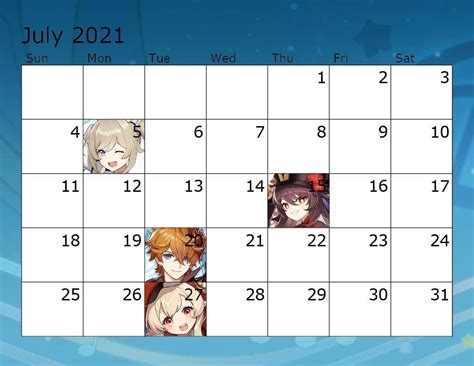 Genshin Birthday Calendar - Printable Calendar 2023