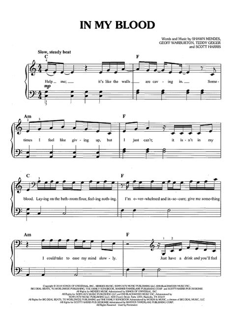 Buy "In My Blood" Sheet Music by Shawn Mendes for Easy Piano/Vocal/Chords