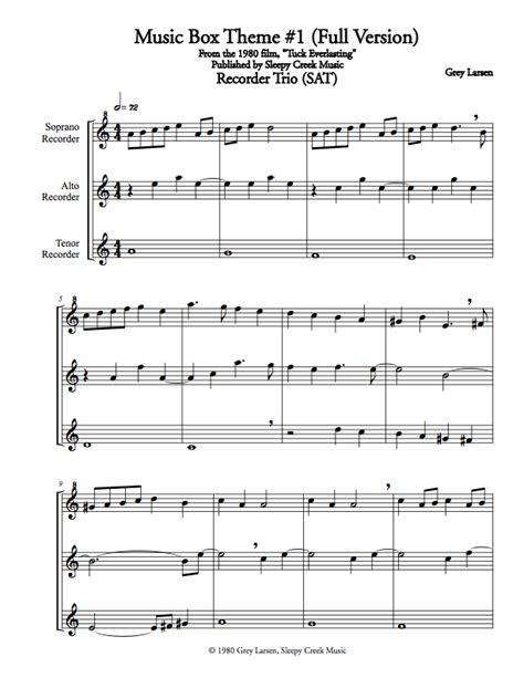 Tuck Everlasting Music Box Theme #1, Sheet Music for Recorder Trio (SAT ...