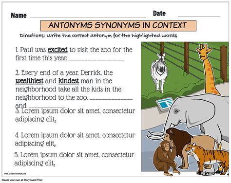 Antonyms and synonyms in context worksheet Storyboard