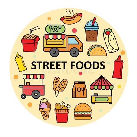 Street Foods Vector Illustration in Circle Stock Vector - Illustration of icon, meal: 167661546