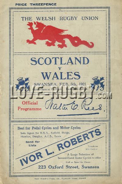 Wales v Scotland Rugby Programme 1921 | 1921 Wales Scotland Rugby Programme