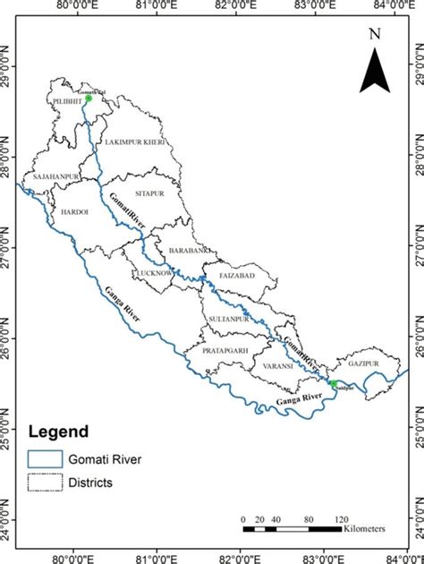 Map showing districts along which Gomati River flows | Download ...