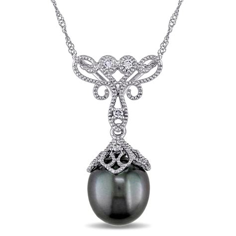 Diamond & Black Tahitian Pearl Necklace 14k White Gold 9-9.5mm - DE369