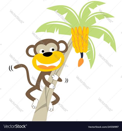 Monkey climbing banana tree cartoon Royalty Free Vector