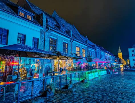 Kaunas City Old Town Street with Restaurants Decorated for Christmas ...