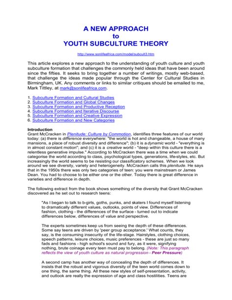 A NEW APPROACH to YOUTH SUBCULTURE