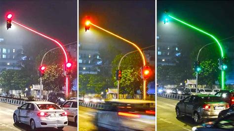 Mumbai Traffic Signal With LEDs On Traffic Pole - A First In The City