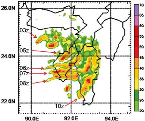 Movement of squall line as observed by the Agartala radar during 03 UTC ...