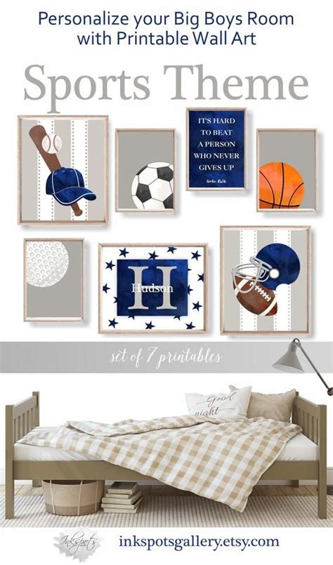 a sports themed room with pictures on the wall, and an image of a bed