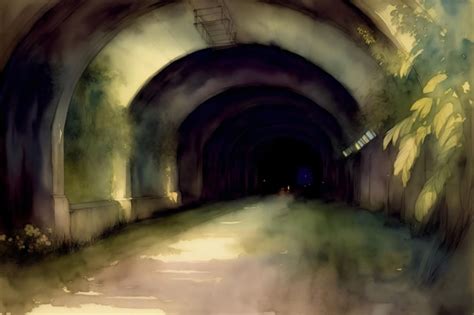 Premium AI Image | A Painting Of A Tunnel With A Light At The End