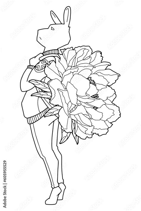 Cute cartoon rabbit. Humanization of the character. Illustration with peon flower. Coloring page ...