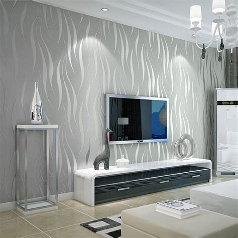 Modern Silver 3D Wave Stripe Non-woven Embossed Flocking Wallpaper Abstract Wall Paper (20.8In x ...