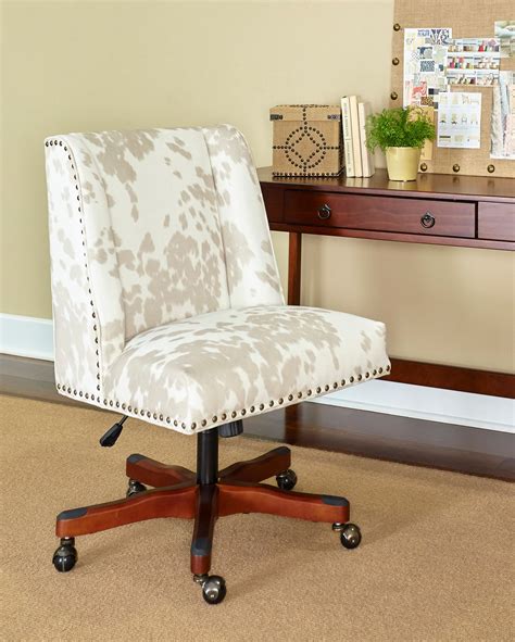 Linon Draper Upholstered Swivel Office Chair, Adjustable Seat Height, Walnut Base with Light Cow ...