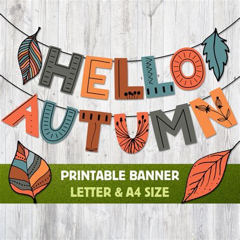 Hello Autumn Printable Banner - Fall Home Decor. Printable Leaves Garland in Autumn Colors ...