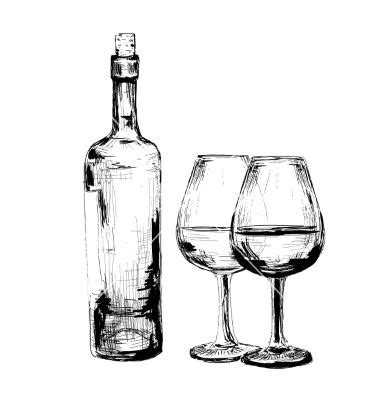 Bottle of Wine and Two Glasses Sketch