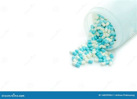 Blue-white Antibiotic Capsule Pill and Capsule Pills Bottle. Antibiotic ...