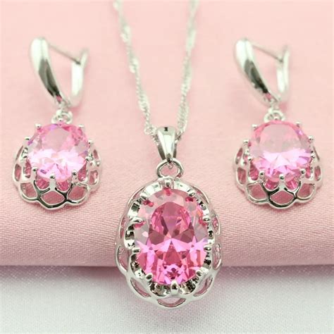 Pink Cubic Zirconia Jewelry Set 925 Silver Christmas Gift Necklace ...