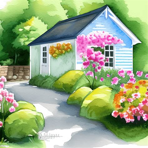 Watercolor Garden Cottage Graphic · Creative Fabrica