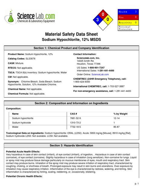 Sodium Hypochlorite, 12% MSDS: Section 1: Chemical Product and Company Identification | Chlorine ...