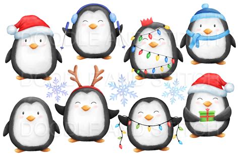 Christmas Penguins Watercolor Illustrations By Doodle Art | TheHungryJPEG