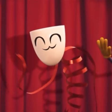 a cartoon character with a mask on his face and arms in front of a red curtain