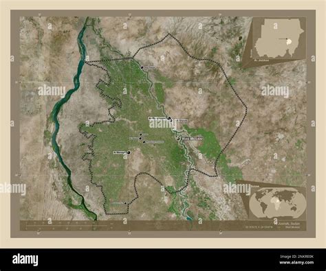 Al Jazirah, state of Sudan. High resolution satellite map. Locations and names of major cities ...