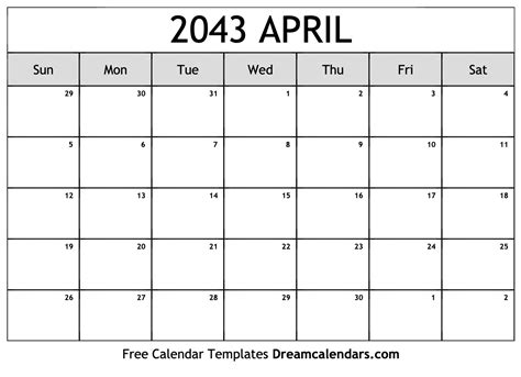 April 2043 Calendar - Free Printable with Holidays and Observances