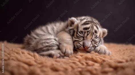 Sleeping newborn little tiger cub. Photographing a baby tiger on a fur ...