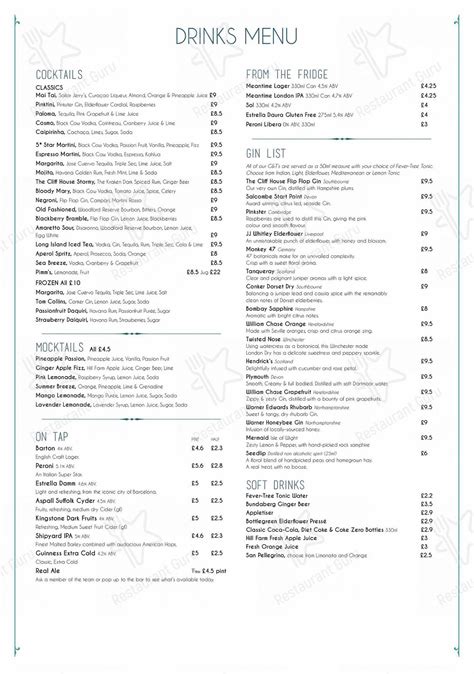 Menu at The Cliff House restaurant, Barton on Sea