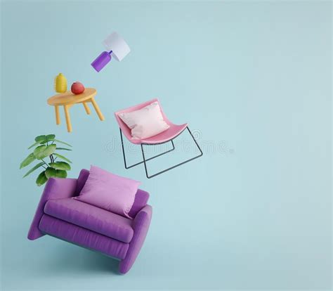 Furniture Flying in Blue Background.Living Room Furniture.Concept for Home Decor Advertising ...