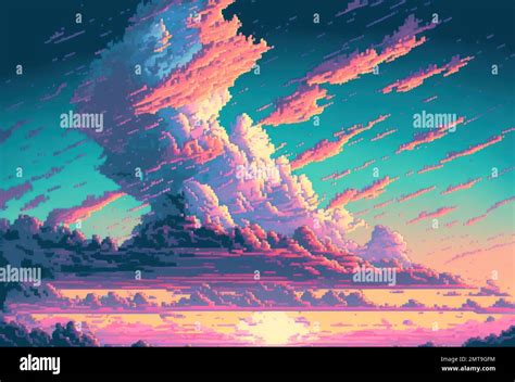 Pastel sweet blue pink sky pixel art style. background with copy space Stock Photo - Alamy