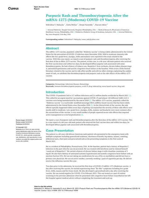 Purpuric Rash and Thrombocytopenia After The mRNA-1273 (Moderna) COVID-19 Vaccine | PDF | Causes ...