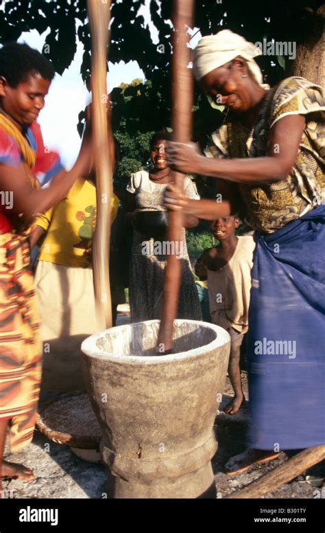 Women pounding grains in Malawi Stock Photo - Alamy