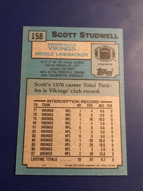 1988 Topps # 159 SCOTT STUDWELL The Stud Minnesota Vikings Great Card ...